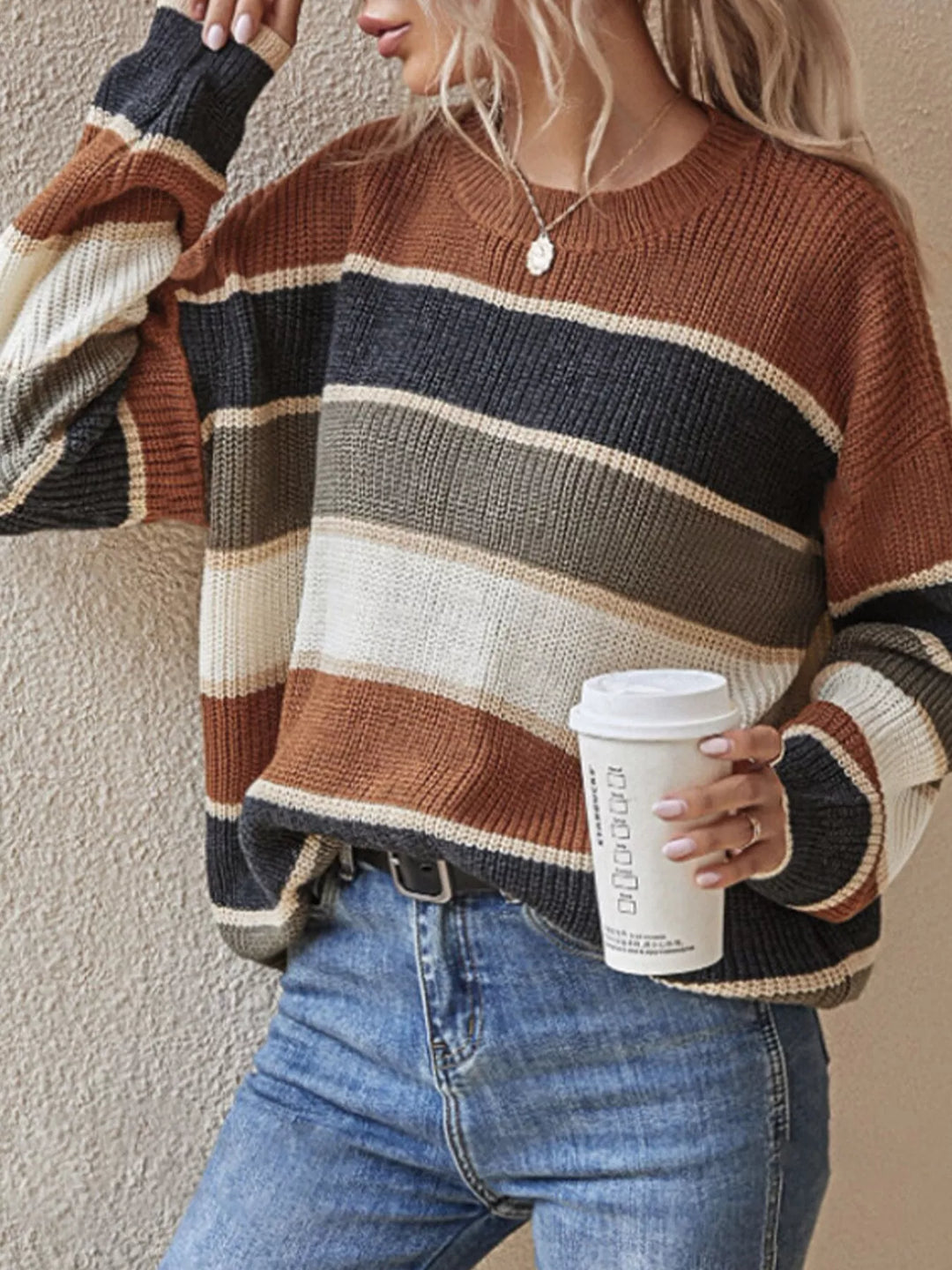 Color block striped crew neck knit sweater