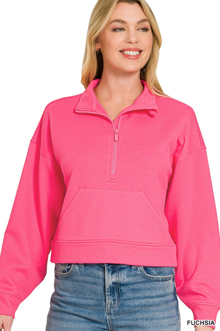 FUCHSIA Cropped half-zip scuba pullover with kangaroo pocket