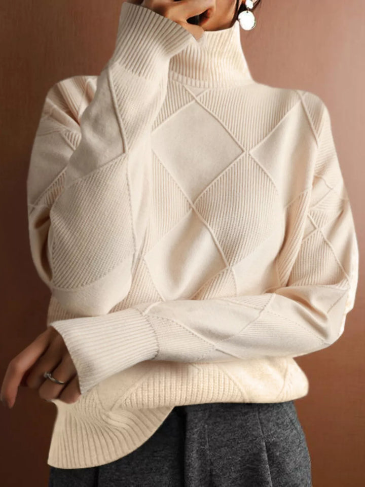 Beige Textured argyle knit turtleneck sweater with ribbed cuffs