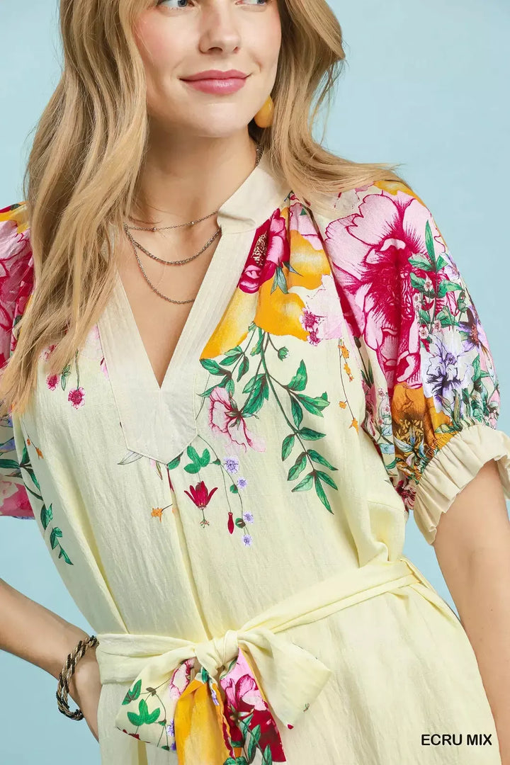 Floral border print midi dress with puff sleeves and tie belt