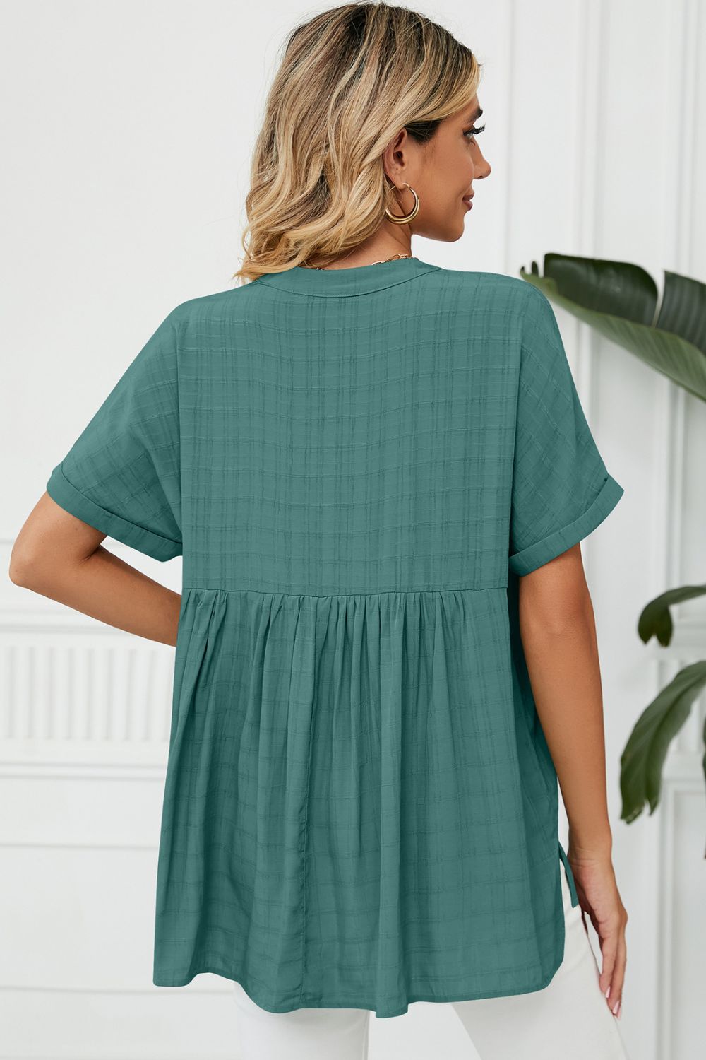 Notched neck cuffed short sleeve blouse with side slits