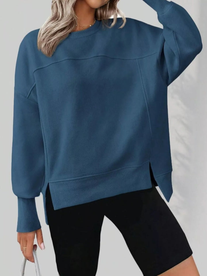 Side slit drop-shoulder relaxed crewneck sweatshirt