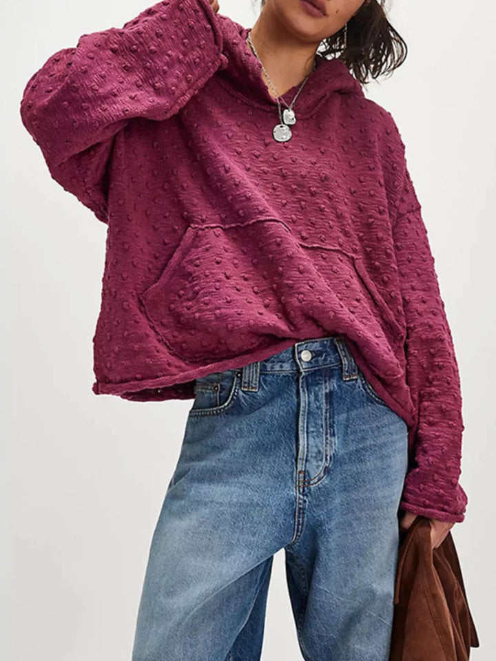 Burgundy Textured dot knit hooded pullover with front pocket