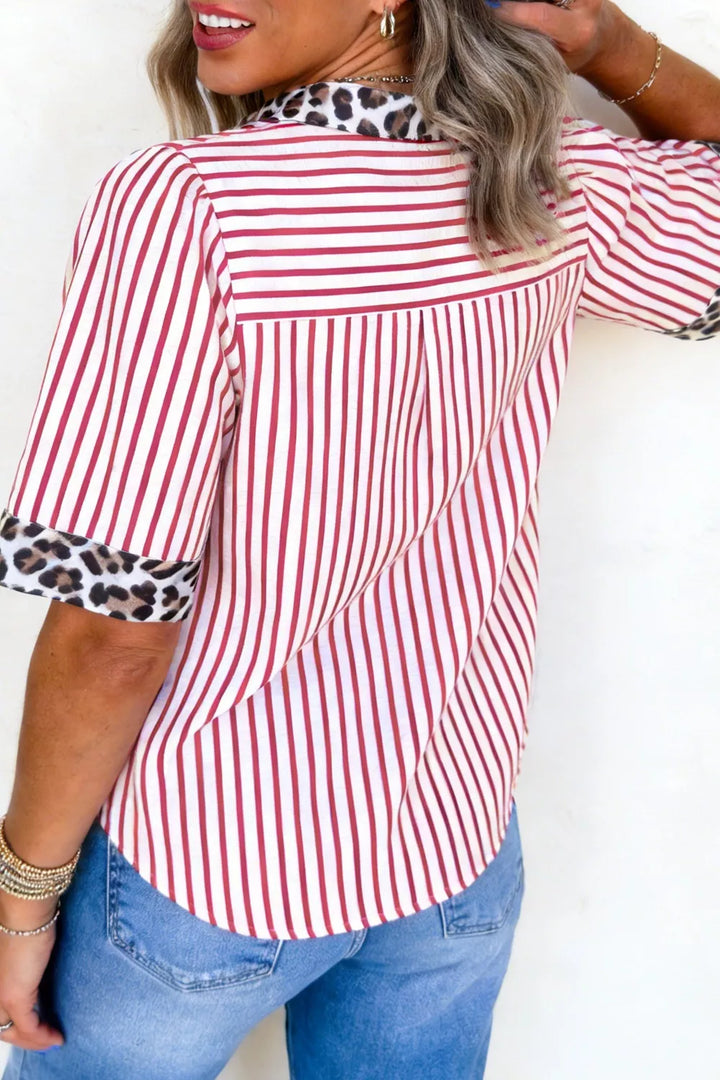 Striped button-down shirt with leopard collar and sleeve trim