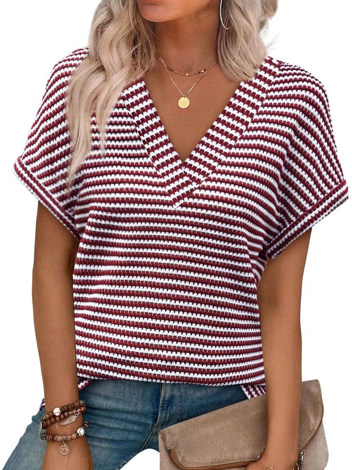 Burgundy Striped V-neck relaxed short sleeve knit top