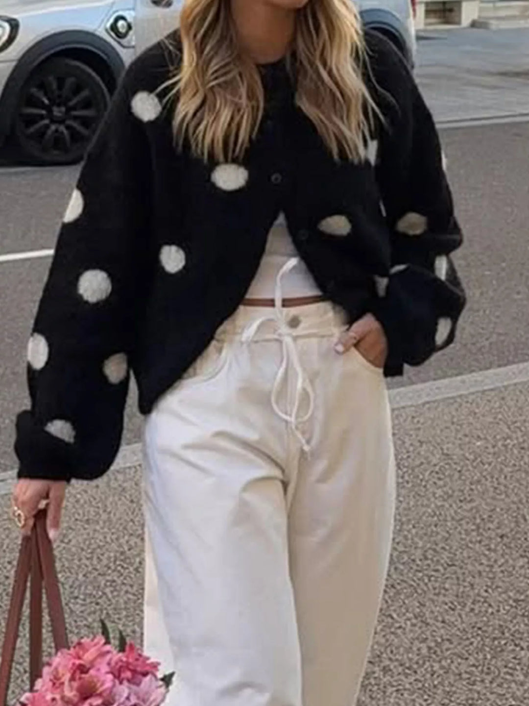 Polka dot fuzzy knit button-up cropped cardigan