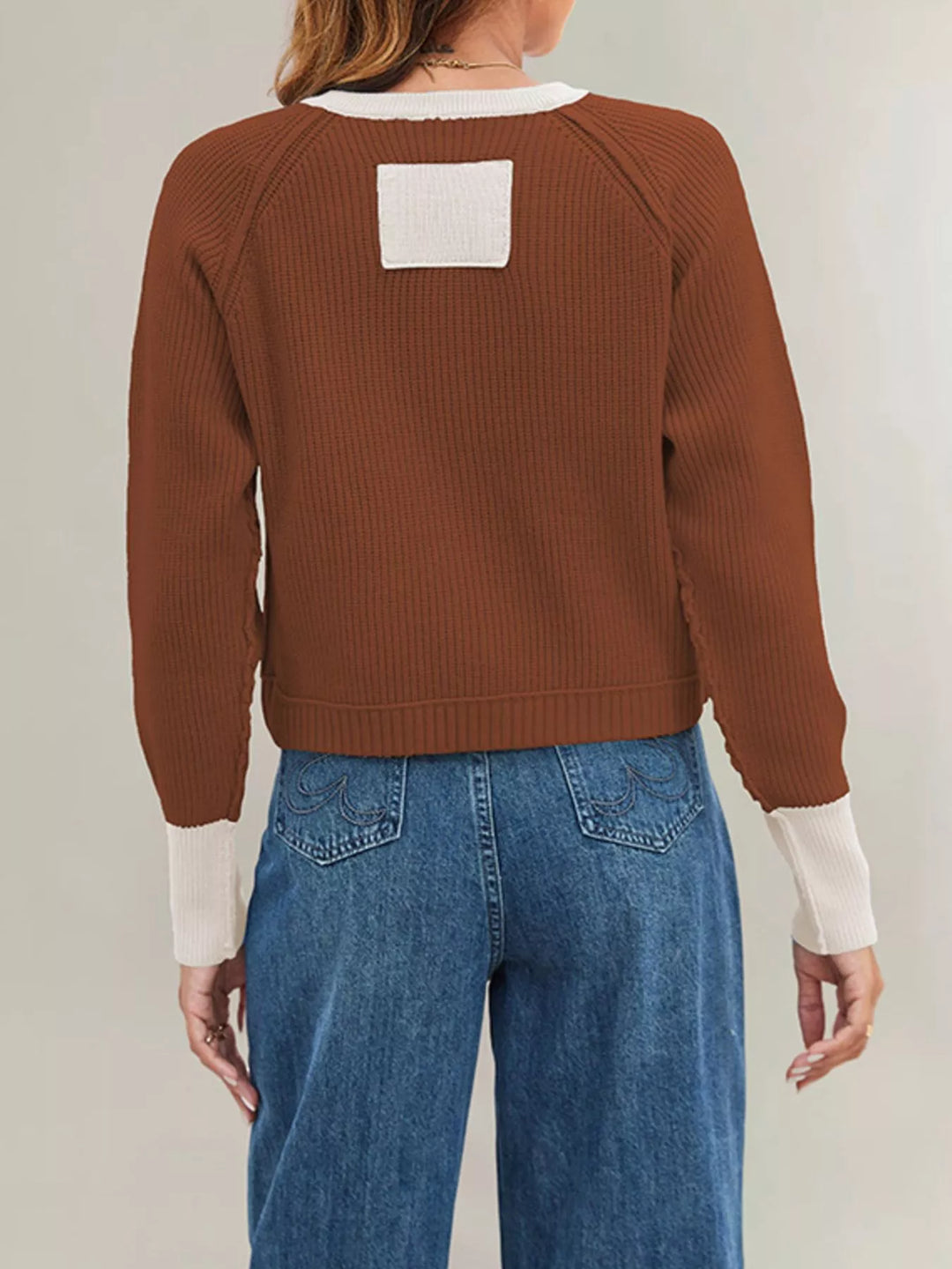 Ribbed knit cardigan with contrast trim and button front