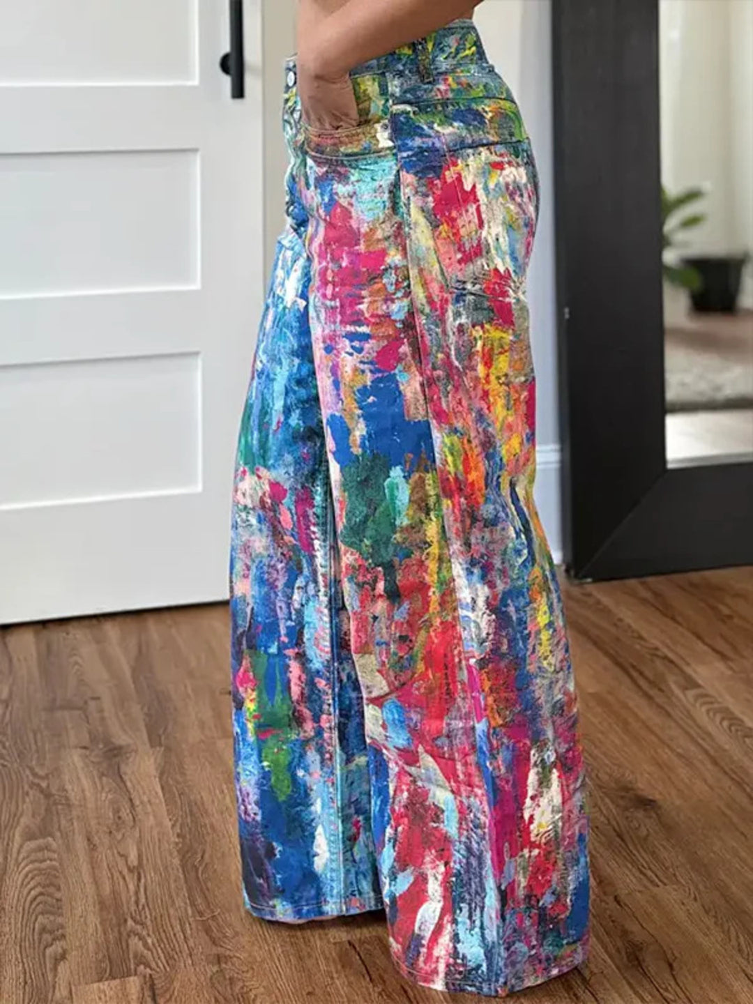 Paint-splatter print high-rise wide-leg pants