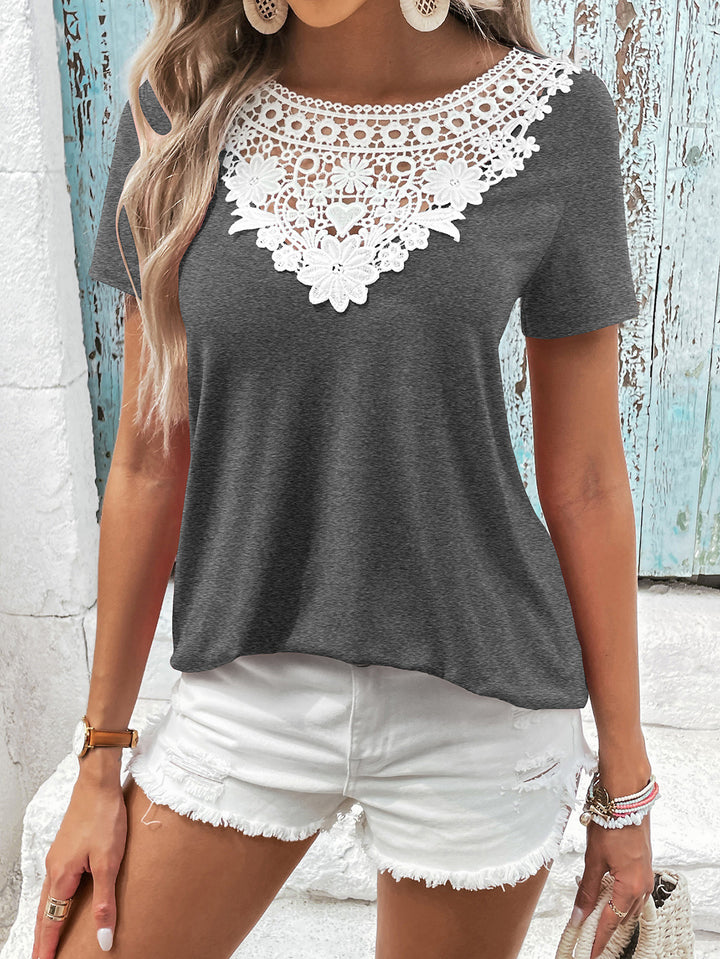 Dark Gray Contrast floral crochet lace short sleeve top