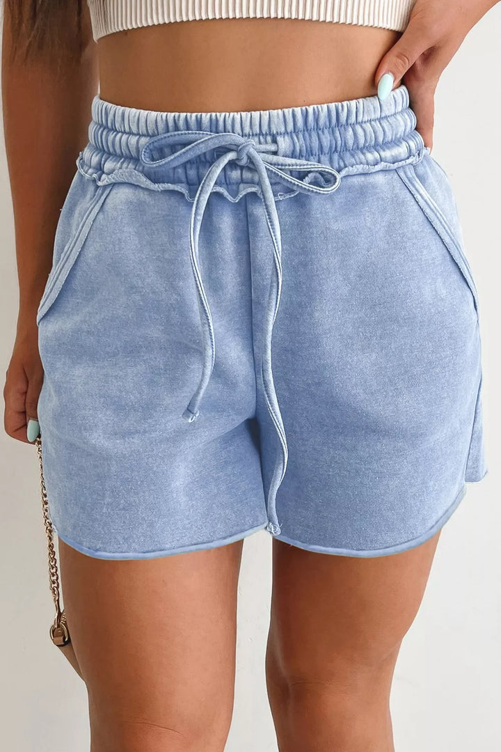 Light Blue Acid-wash cotton drawstring shorts with side pockets