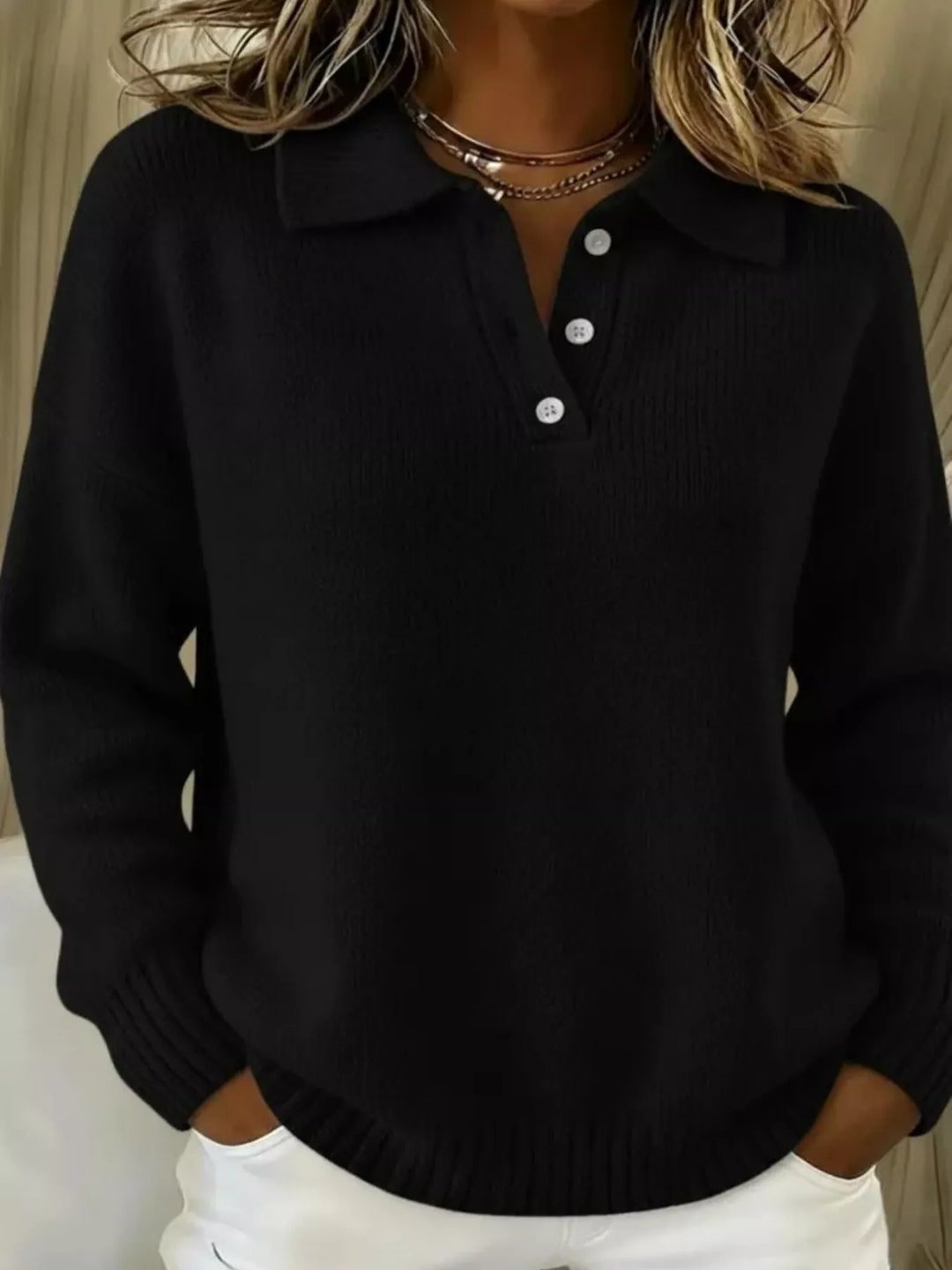 Black Dropped shoulder polo collar button knit sweater