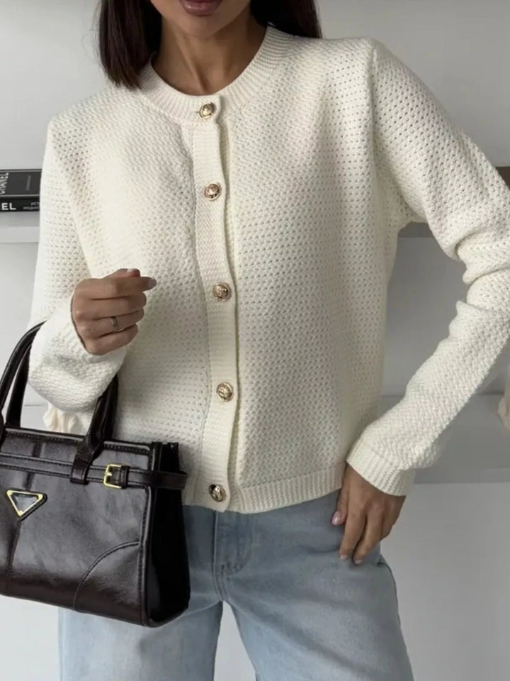 Textured waffle-knit button-up cardigan with gold buttons