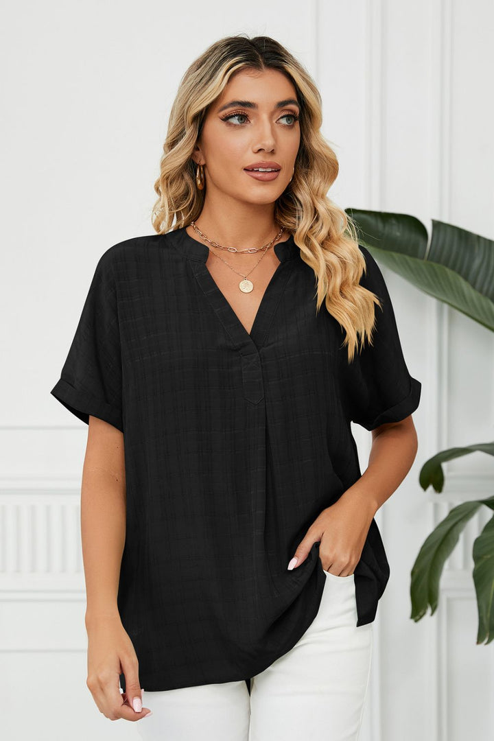 Black Notched neck cuffed short sleeve blouse with side slits