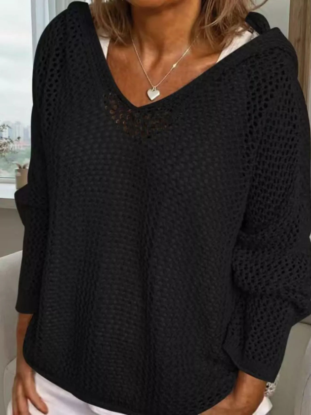 Black Openwork knit hooded pullover cover-up with V-neck