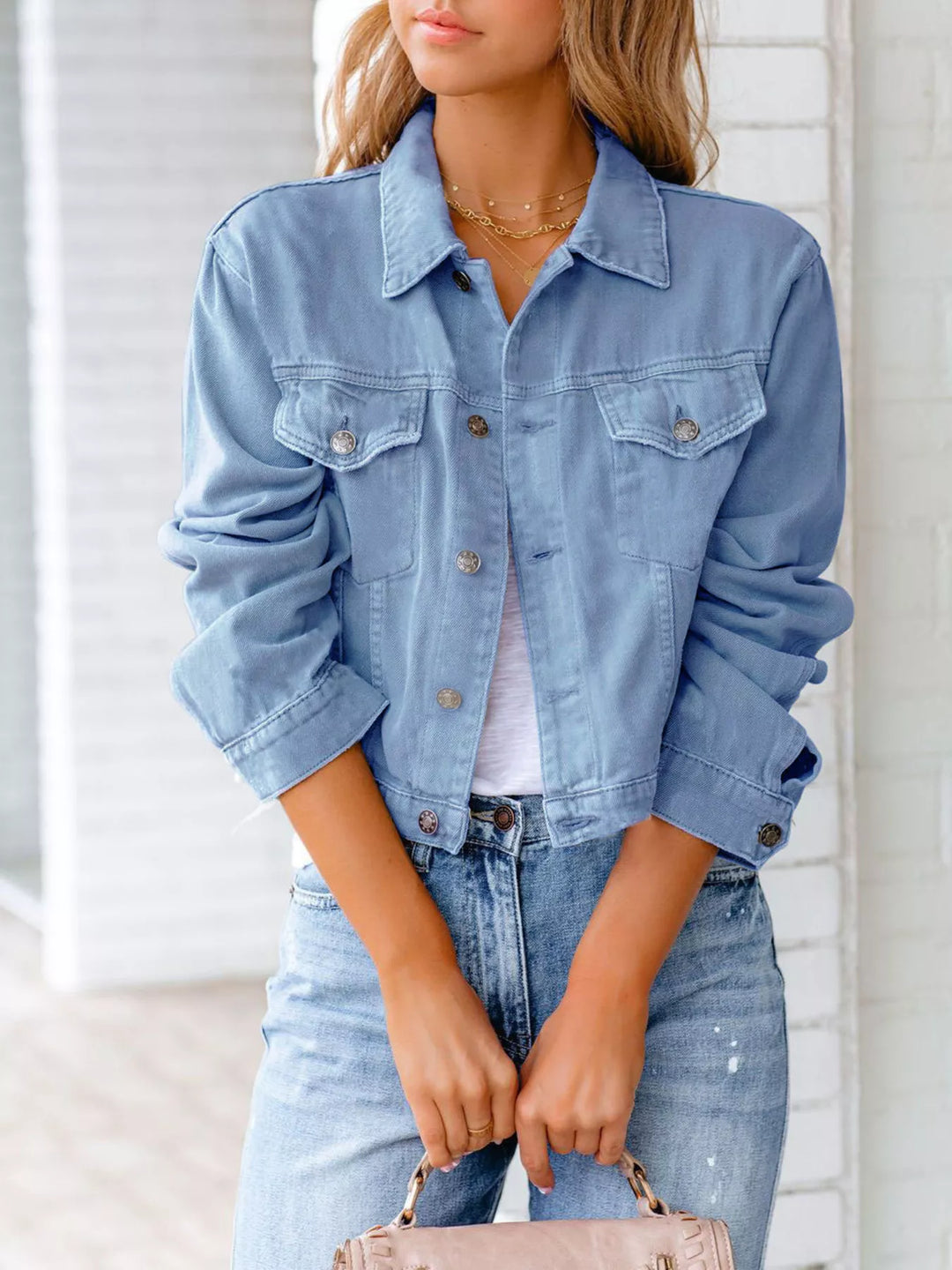 Light Blue Cropped button-up denim jacket with chest pockets