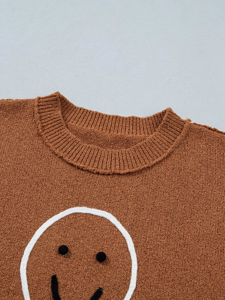 Gingerbread man embroidered drop shoulder knit sweater
