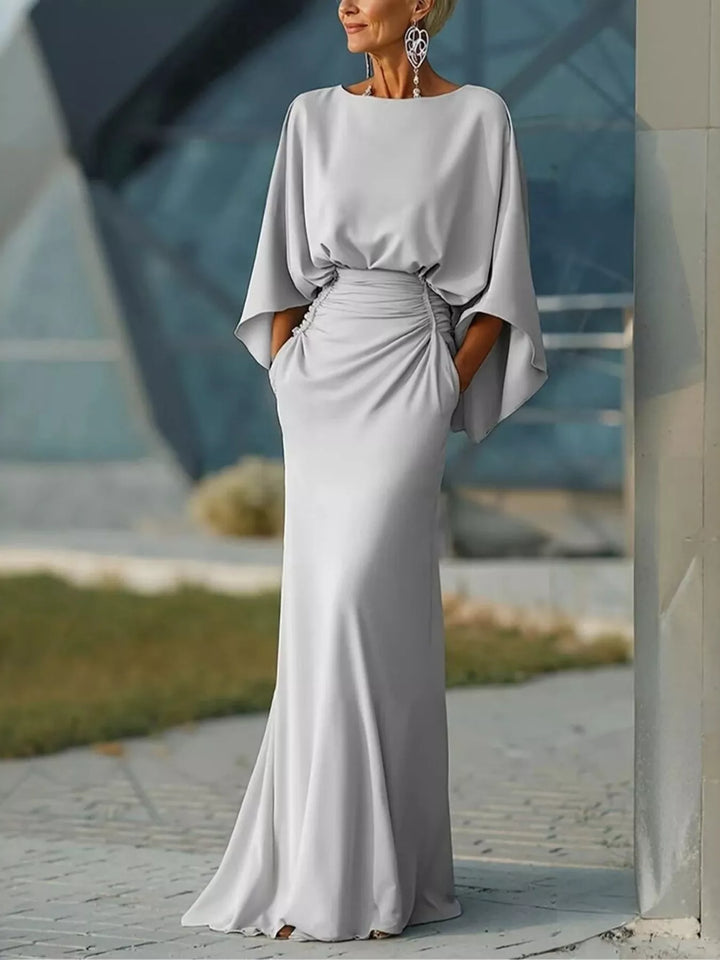 Silver Batwing sleeve maxi dress with ruched waist and pockets