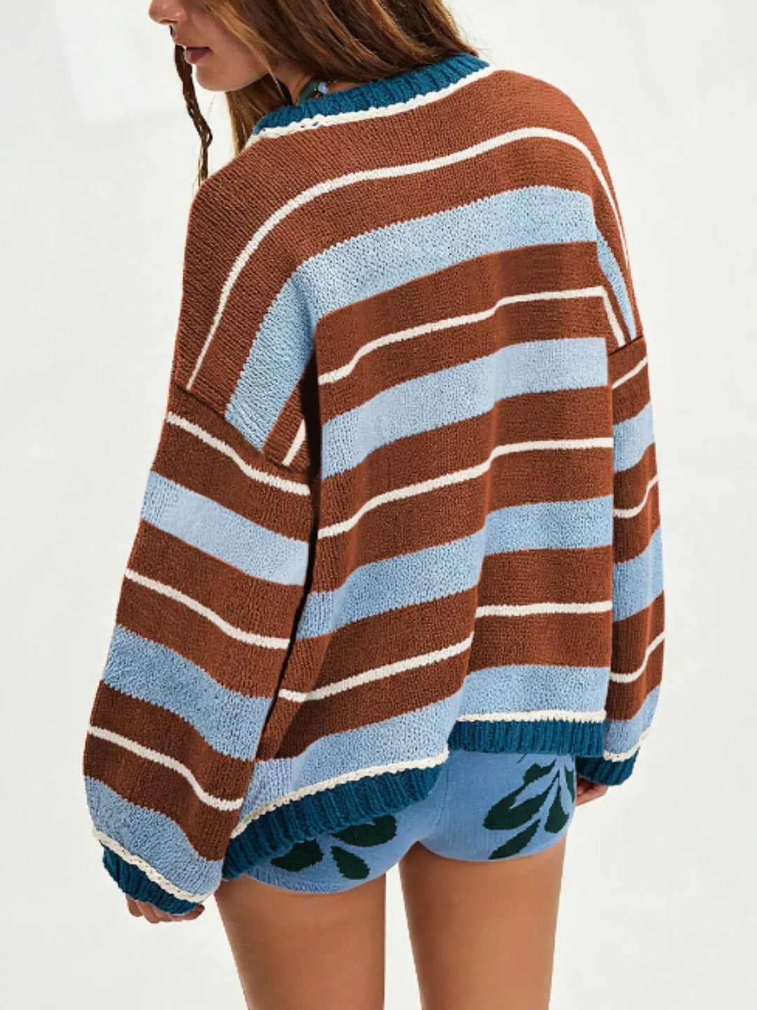 Oversized striped knit crew neck sweater with ribbed trim