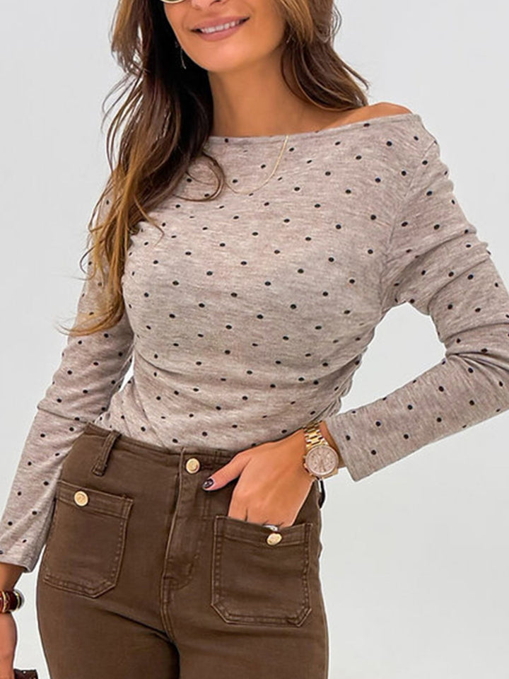 Khaki Polka dot boat neck knit long sleeve top
