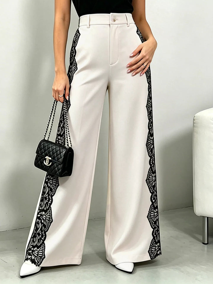 Beige High-rise wide leg pants with floral lace side trim