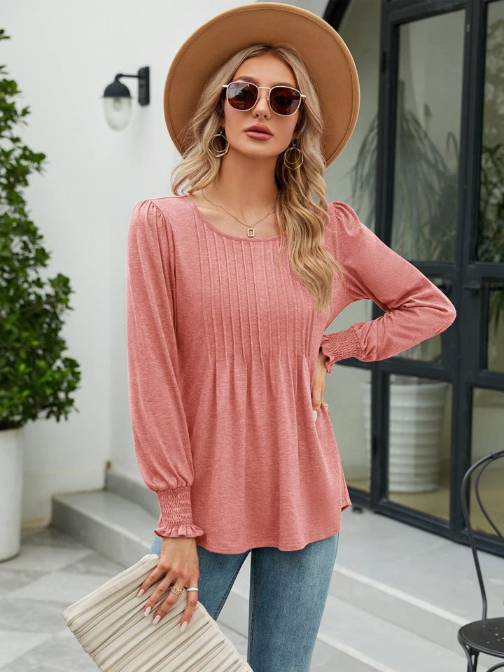 Burnt Coral Pleated front lantern sleeve blouse with smocked cuffs