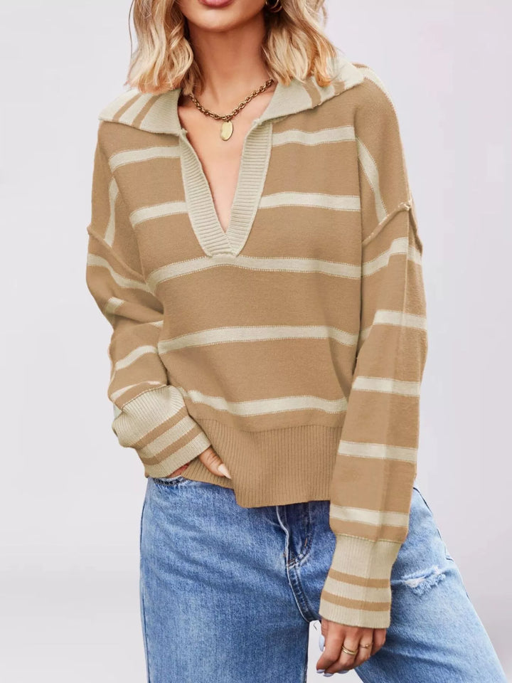 Khaki Striped johnny collar dropped shoulder sweater
