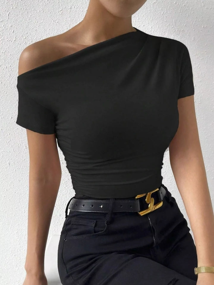Black Ruched asymmetric single-shoulder short sleeve top