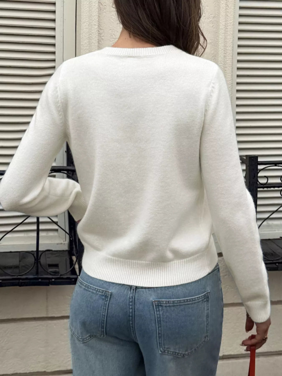 Bow applique button-front knit cardigan with ribbed trim
