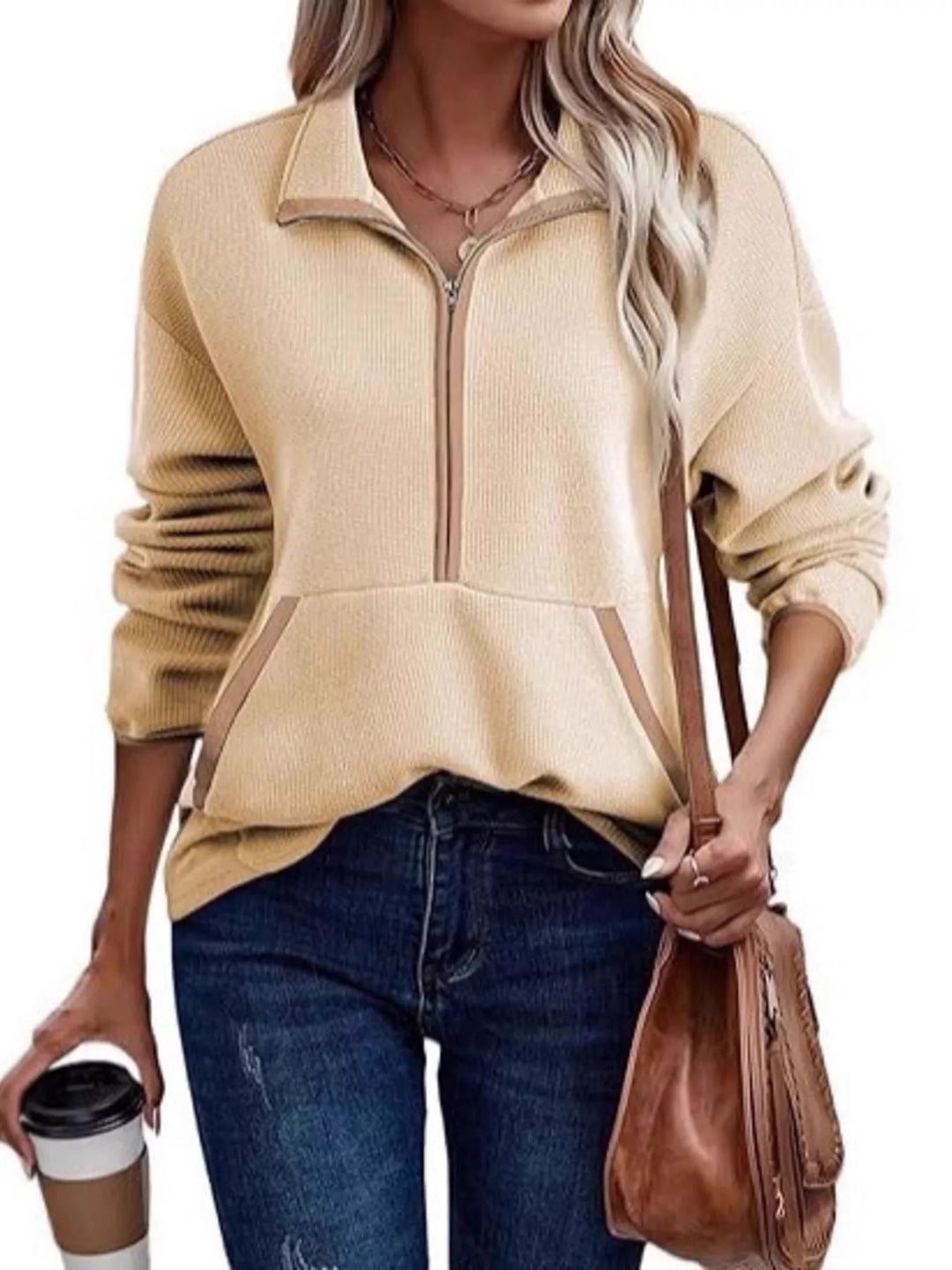 Half-zip dropped shoulder sweatshirt with contrast trim