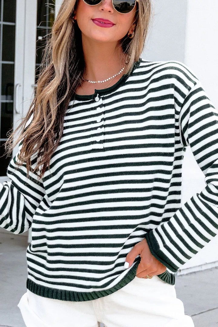 Striped drop shoulder henley sweater with button placket