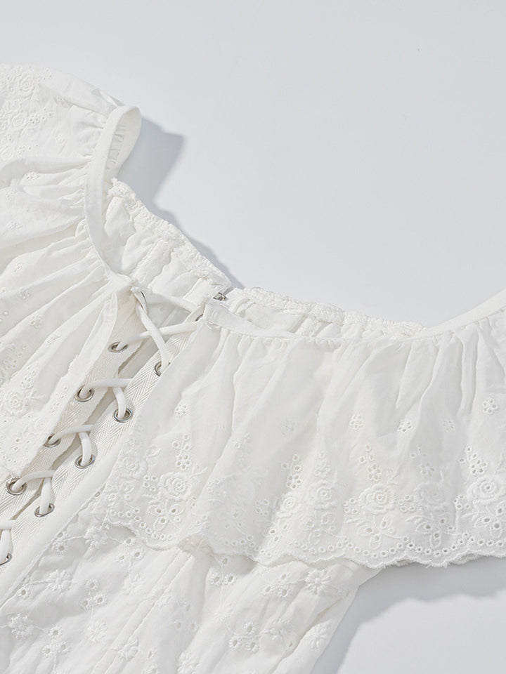 Eyelet ruffle-trim corset tank top with lace-up back