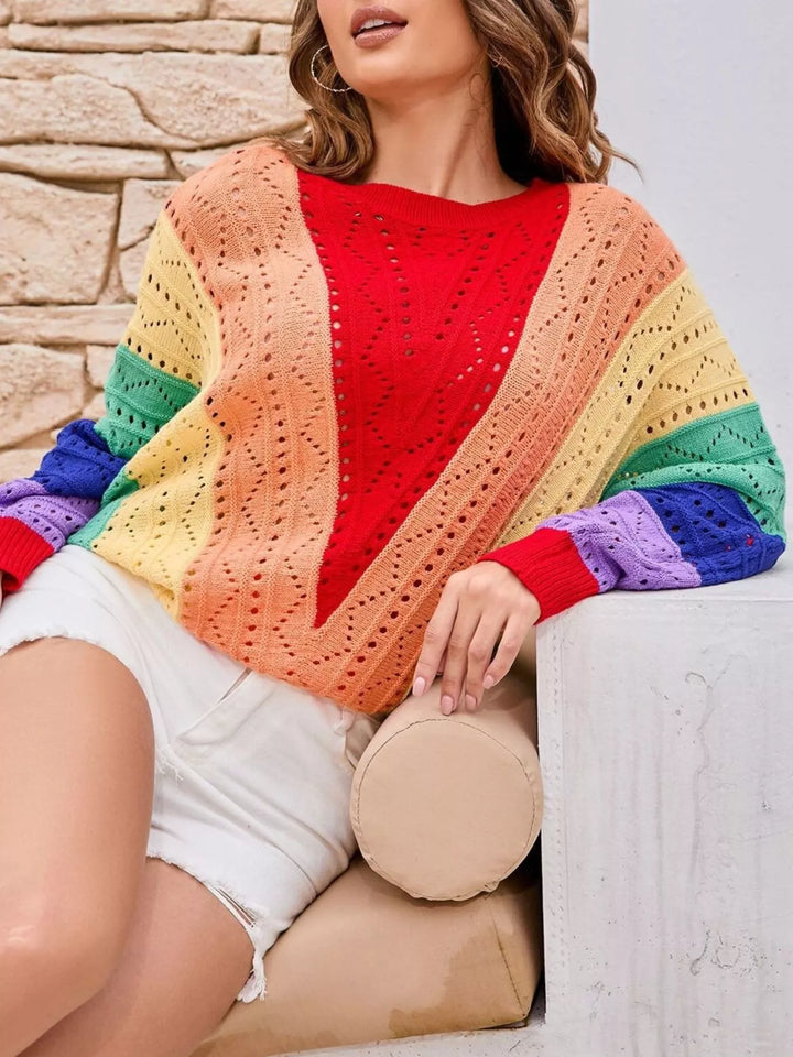 Rainbow color block openwork knit sweater