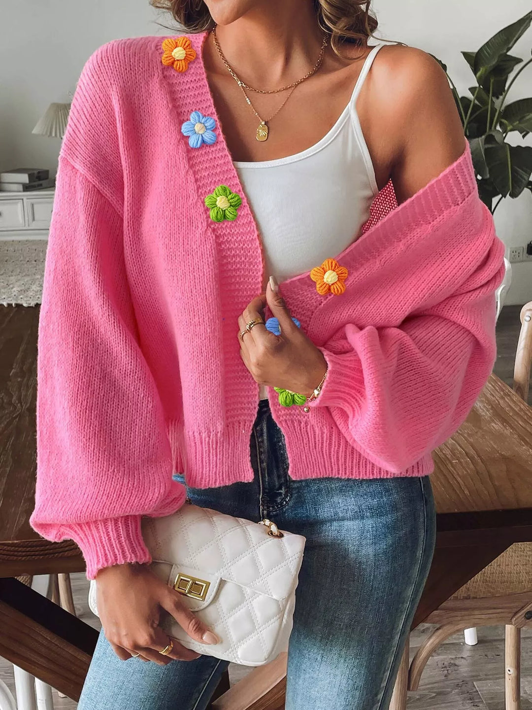 Floral applique open front knit cardigan with ribbed trim