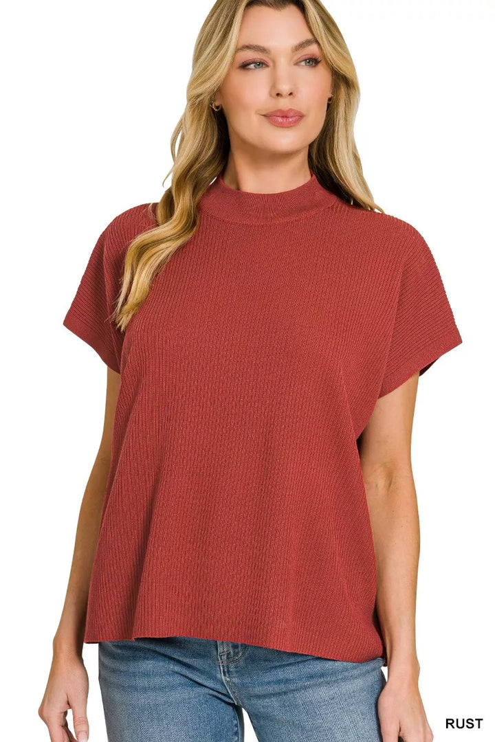RUST Ribbed mock neck short sleeve boxy sweater