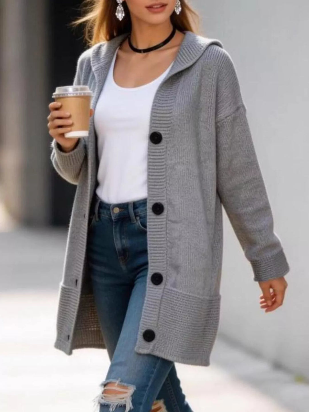 Gray Hooded button-front longline knit cardigan with pockets
