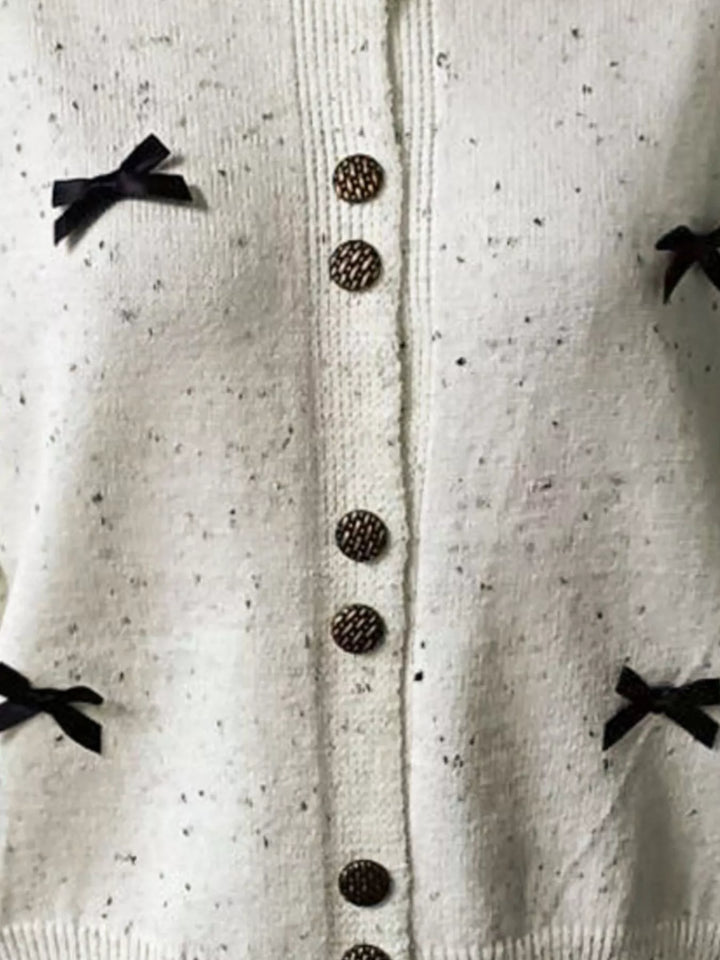 Bow-trim speckled knit cardigan with gold buttons