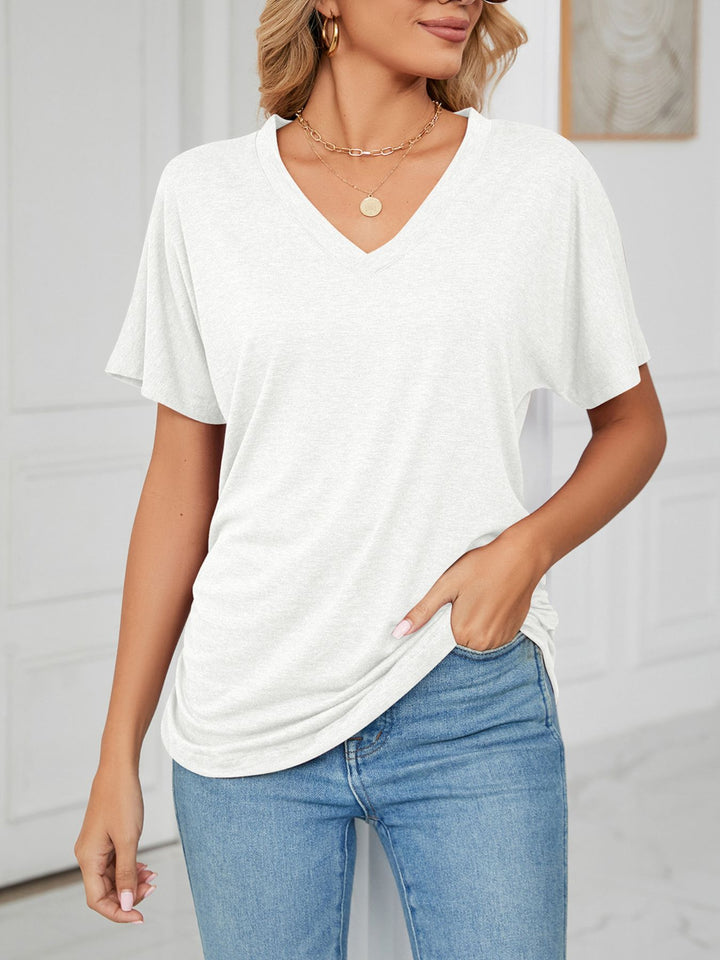 White Relaxed V-neck short sleeve tee with drop shoulders