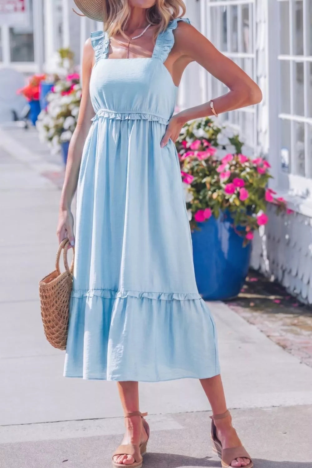 Ruffle strap square neck high waist tiered midi dress