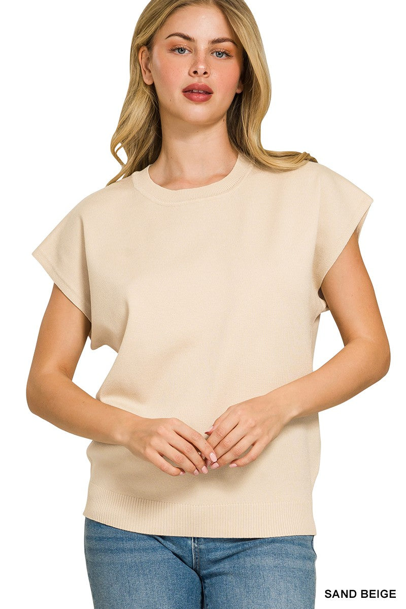 SAND BEIGE Ribbed knit short sleeve sweater top with structured shoulders