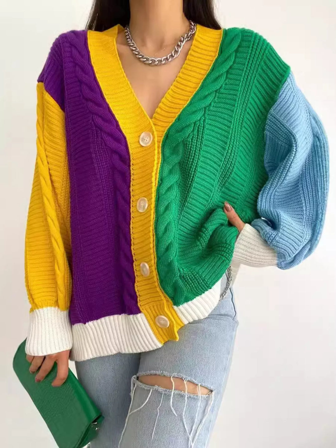 Color block cable-knit button-down cardigan