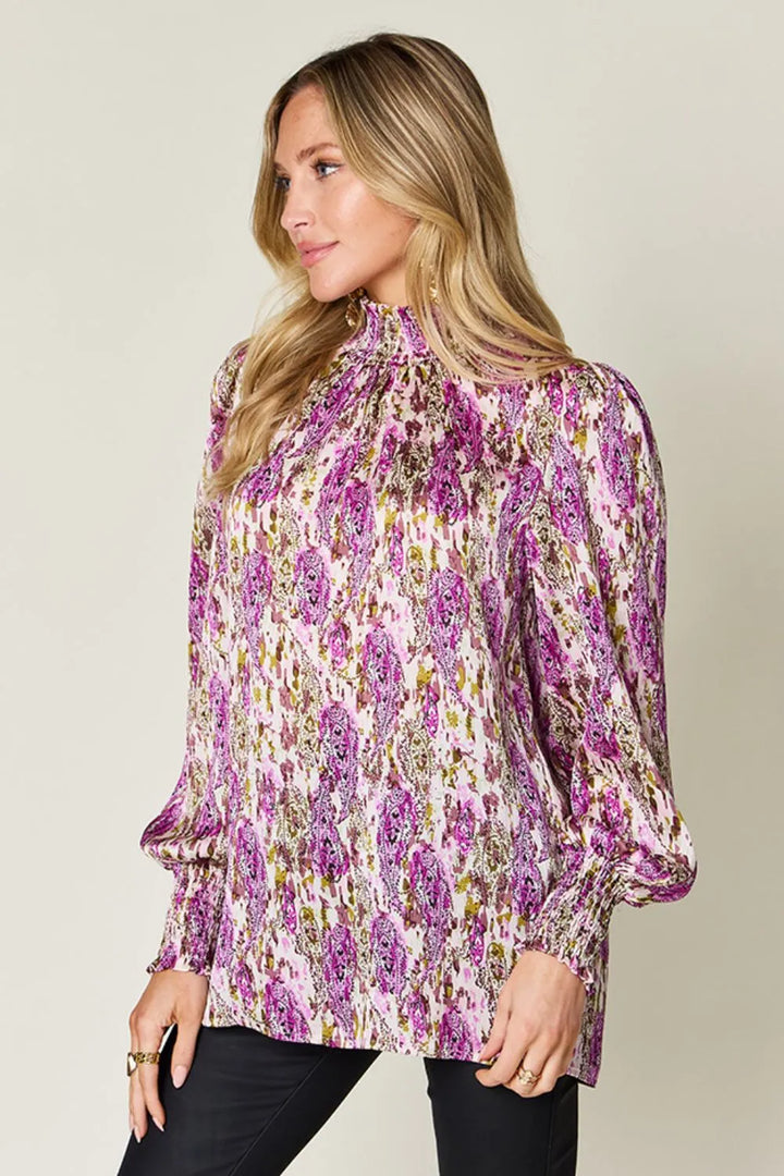 Printed smocked frill mock neck long sleeve blouse