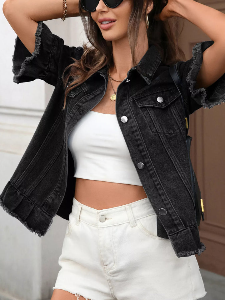 Ruffled raw-hem short-sleeve denim jacket