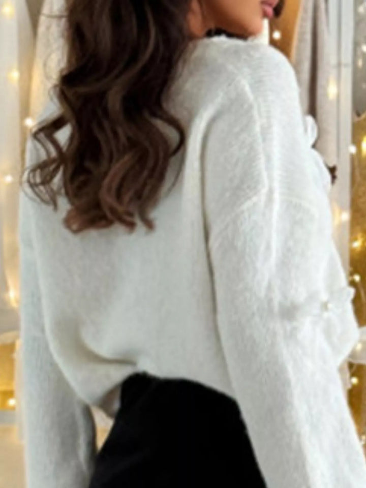Bow-accented V-neck fuzzy knit sweater with pearls