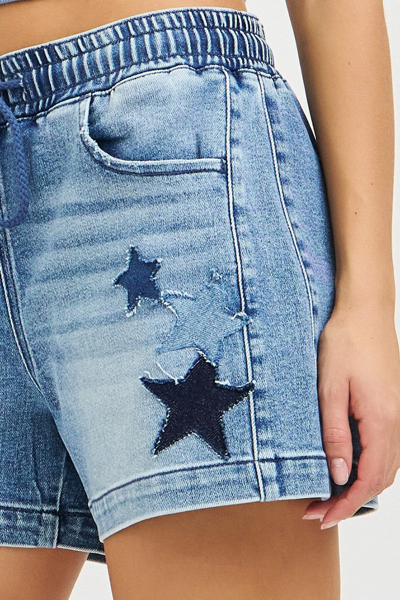 Star patch drawstring denim shorts with elastic waist