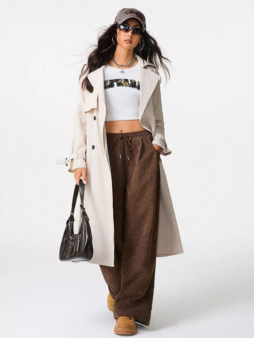 Corduroy wide-leg pants with drawstring waist and pockets
