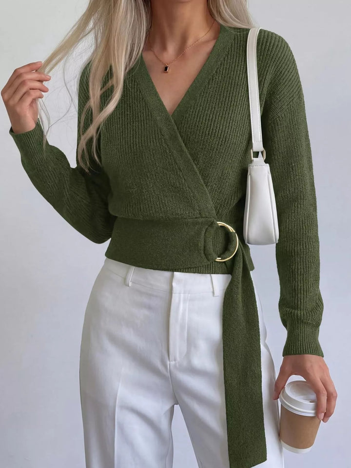 Ribbed knit wrap sweater with gold O-ring belt tie
