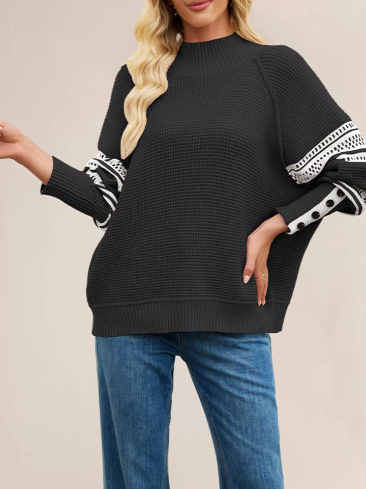 Color-block waffle knit mock neck sweater with button cuffs