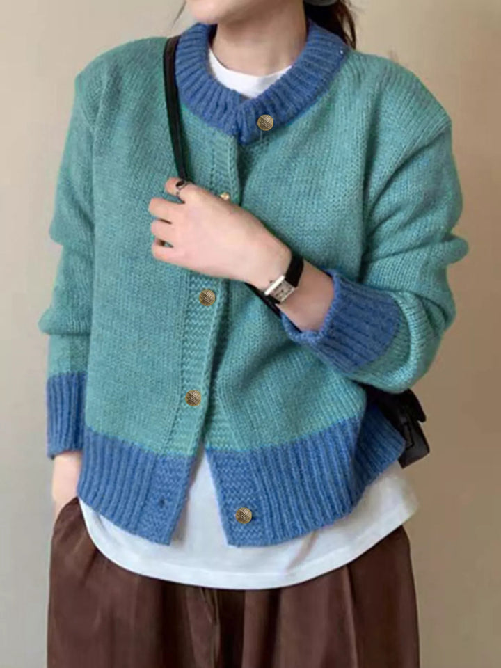 Color-block ribbed knit cardigan with gold buttons
