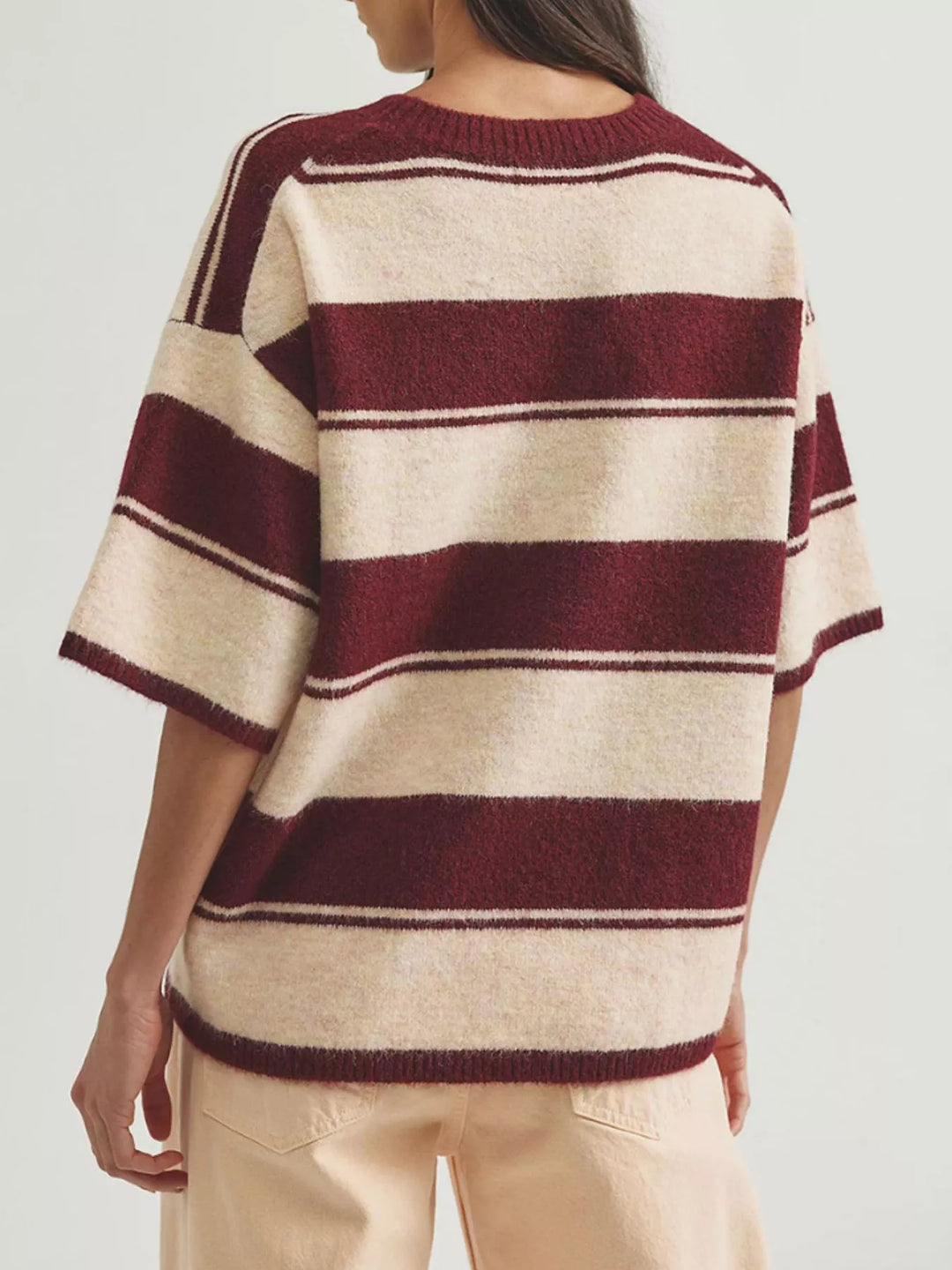 Striped short sleeve knit sweater with ribbed trim