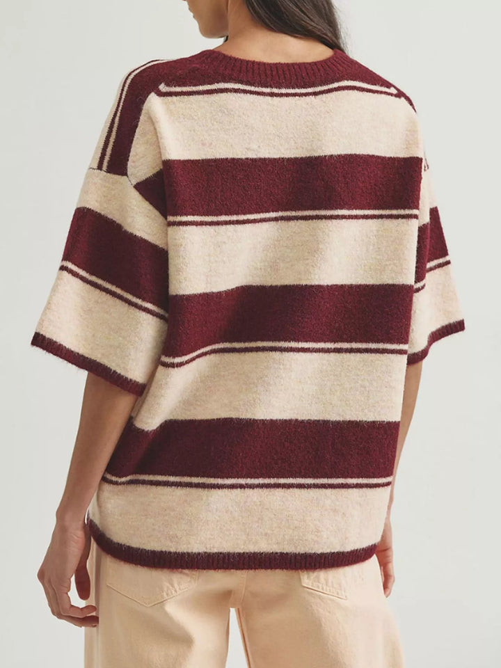 Striped short sleeve knit sweater with ribbed trim